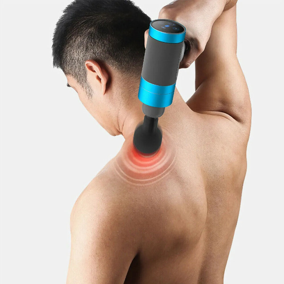 Grey electric percussion muscle massage gun with ergonomic handle, touch screen, and three massage heads on display