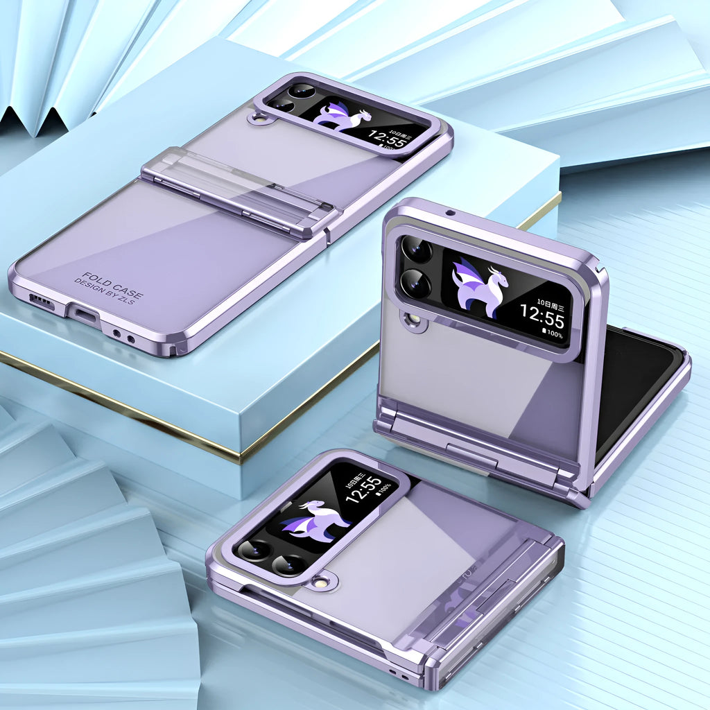 Samsung Z Flip 4 Z Flip 5 foldable PC phone case with transparent back and electroplated hinge in Black Phantom colour