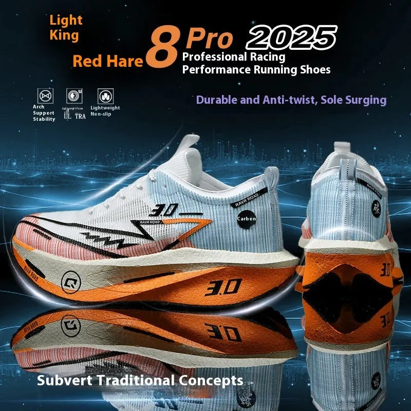 Men's racing carbon plate running shoes in Bright Blue Star with mesh upper and natural rubber sole