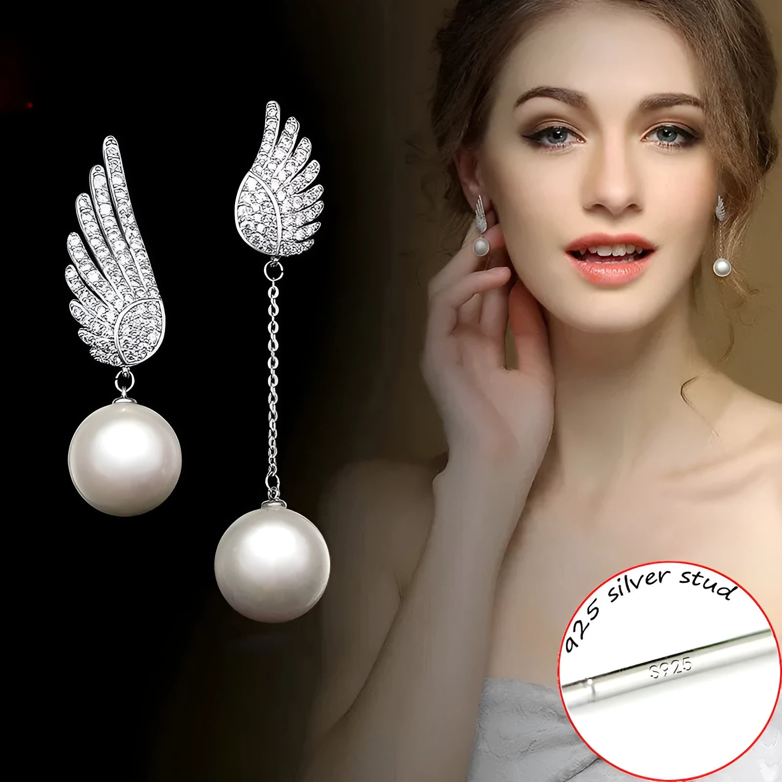 Silver angel wing earrings with diamond-cut treatment and gemstone inlay on platinum background