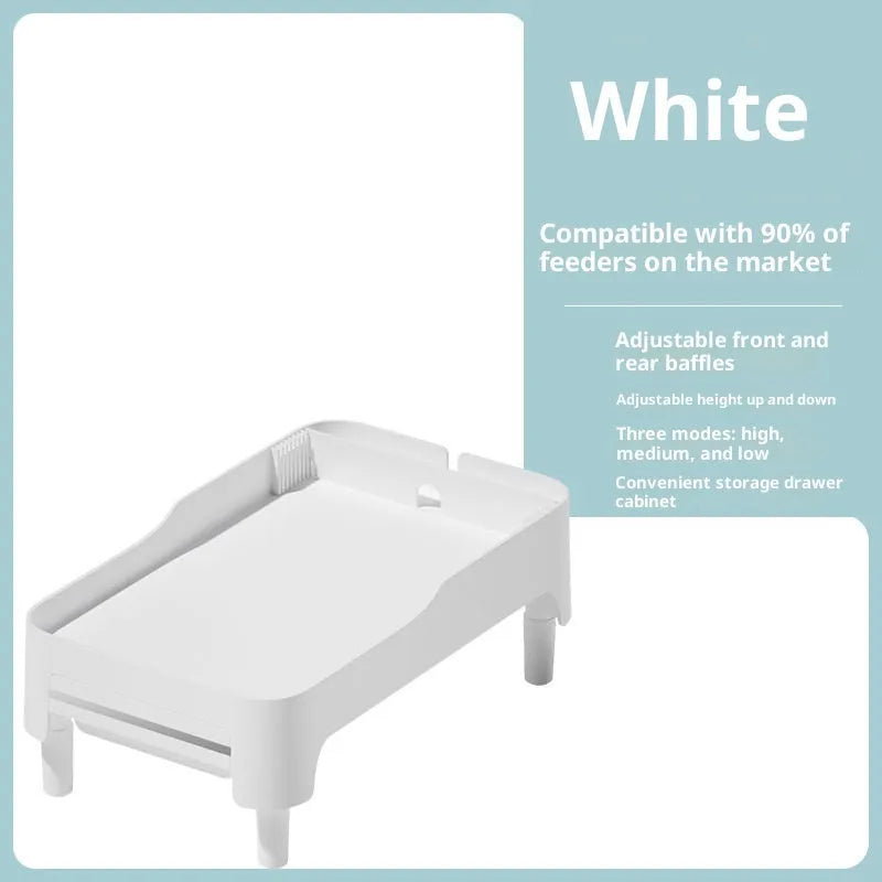 Automatic pet feeder elevated rack in white bracket with PP construction, barrier board, and drawer storage for cats and dogs