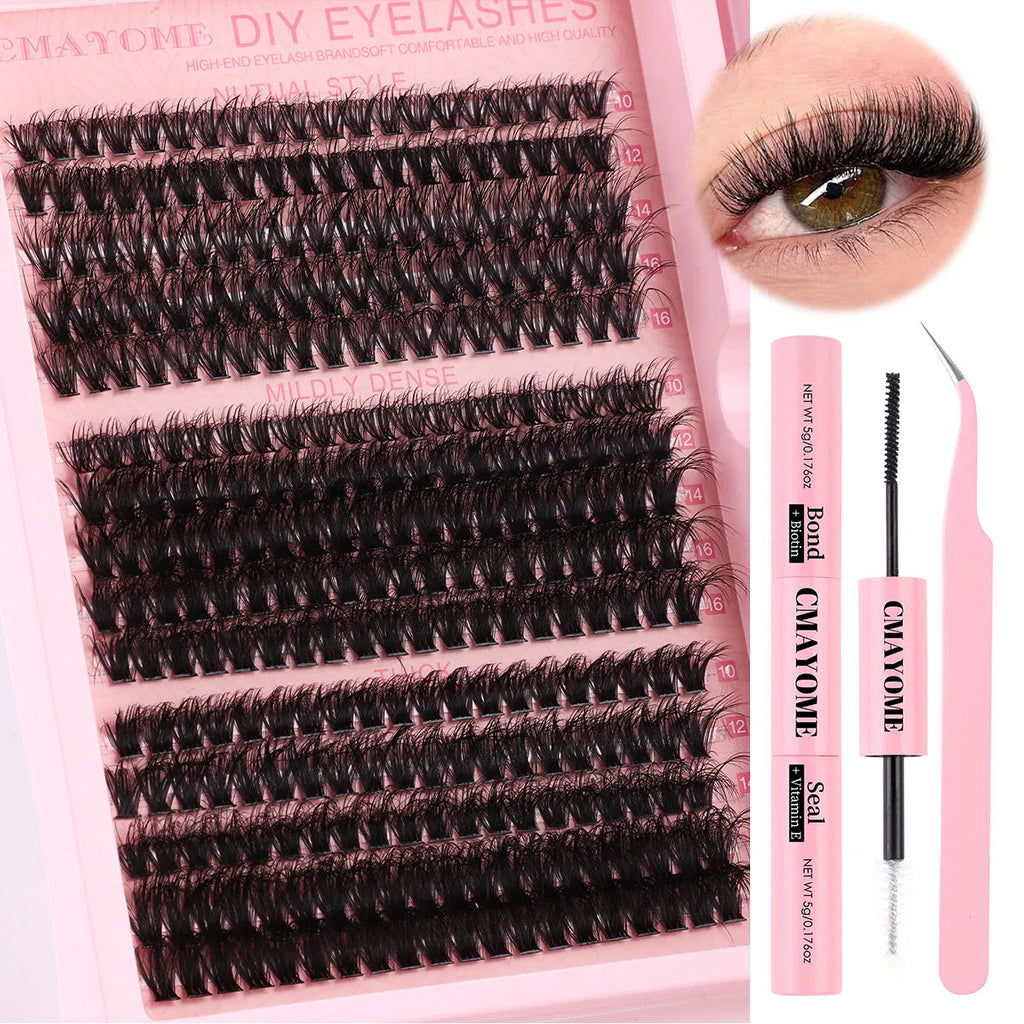 DIY false eyelashes extension kit showing segment cluster lashes and metal tweezers on a white background