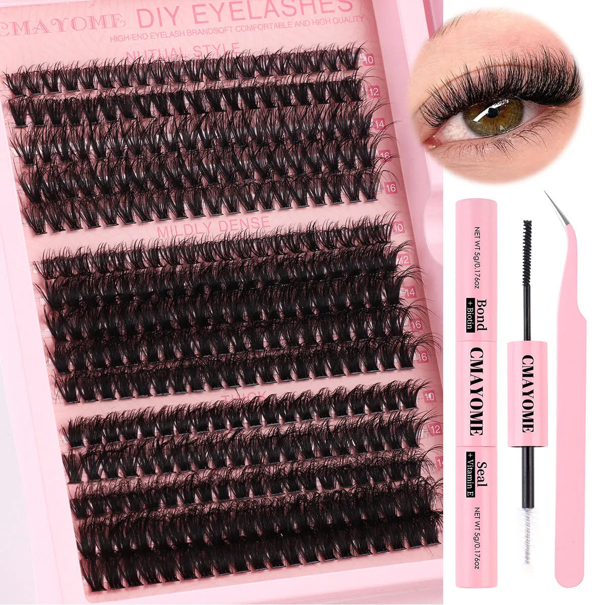 DIY false eyelashes extension kit showing segment cluster lashes and metal tweezers on a white background