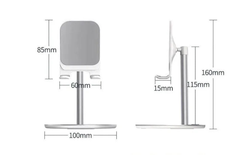 Aluminium alloy mobile phone and tablet stand in black or white on a desk