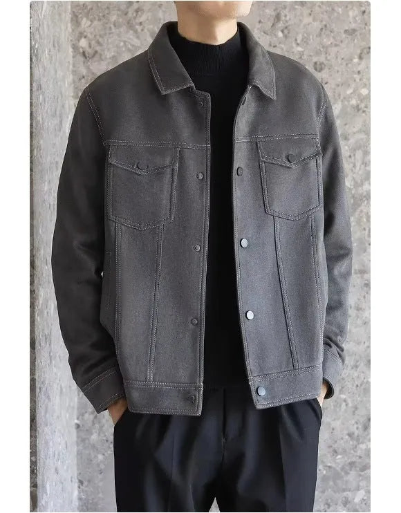 Men's polo collar loose short work coat in black, grey or khaki, sizes M to XXXL, polyester lined