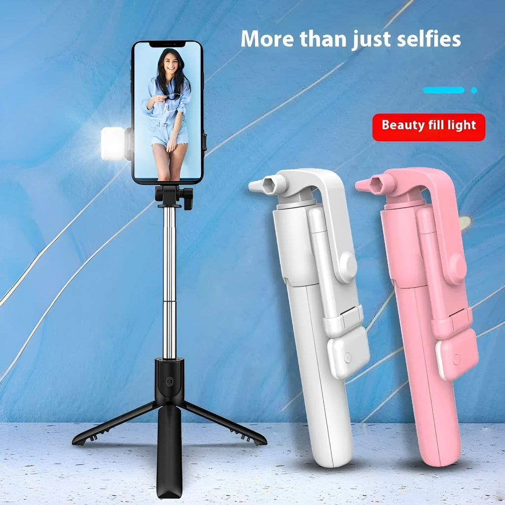 Black portable tripod selfie stick with stainless steel and alloy construction for mobile phone holder