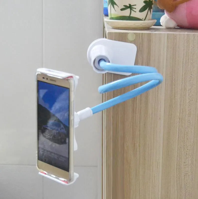 Black aluminium alloy and plastic bedside oversize flat panel mobile phone stand with long arm.