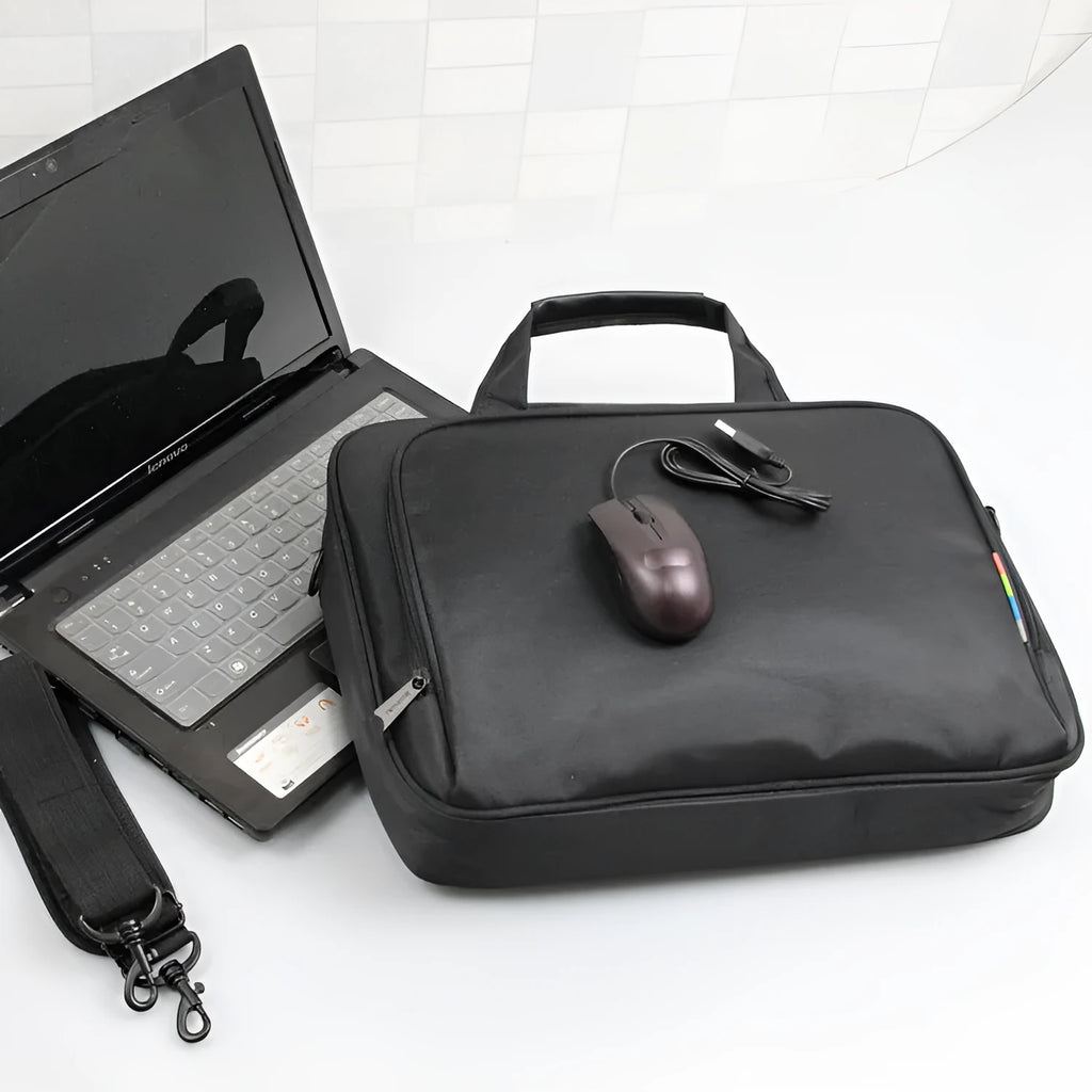 Black one shoulder computer bag in nylon, 14in 15in 17in sizes, with briefcase function and air cushion shock absorption