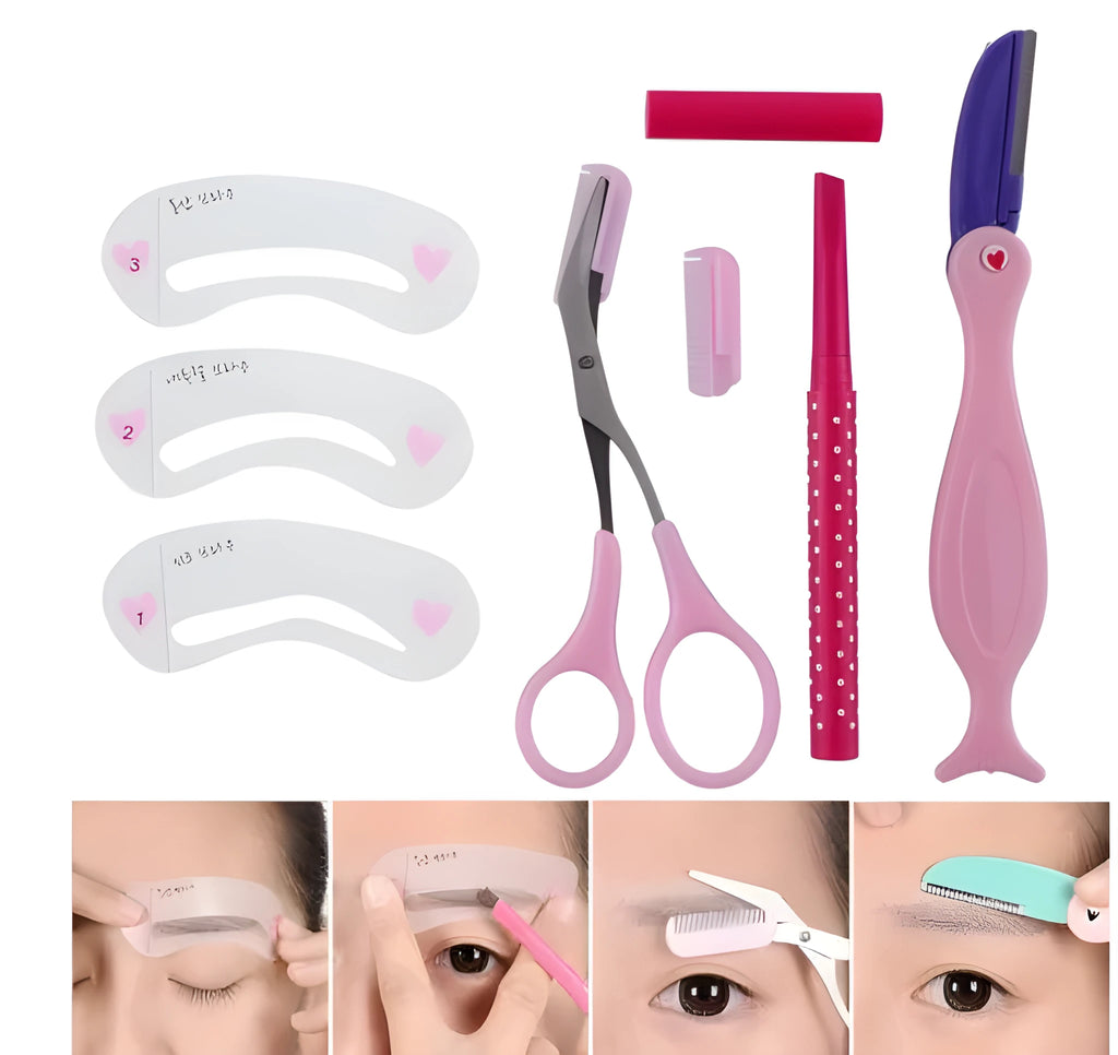 Eyebrow shaping set with pencil, scissors, razor, and stencil in black finish on white background