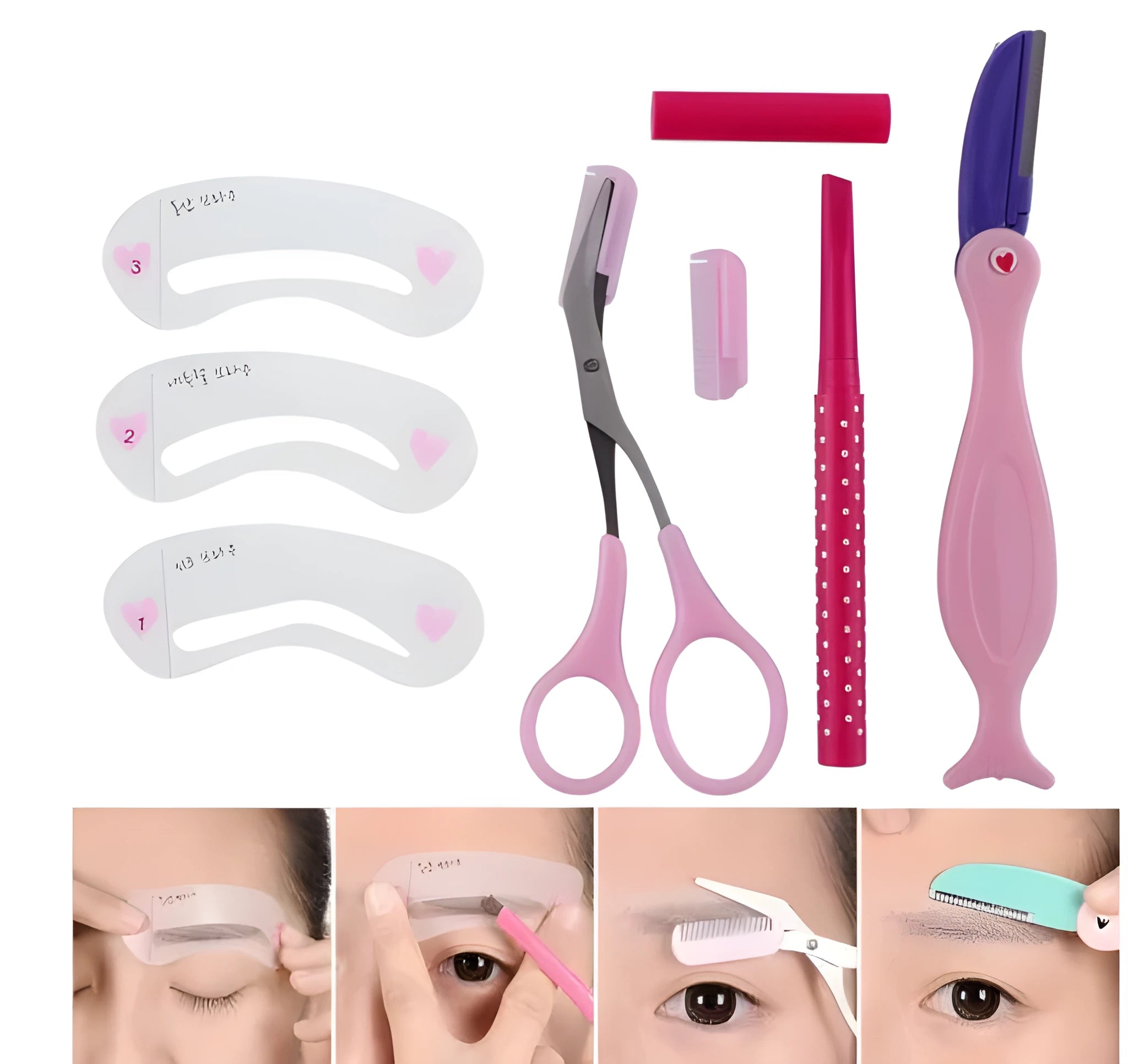 Eyebrow shaping set with pencil, scissors, razor, and stencil in black finish on white background