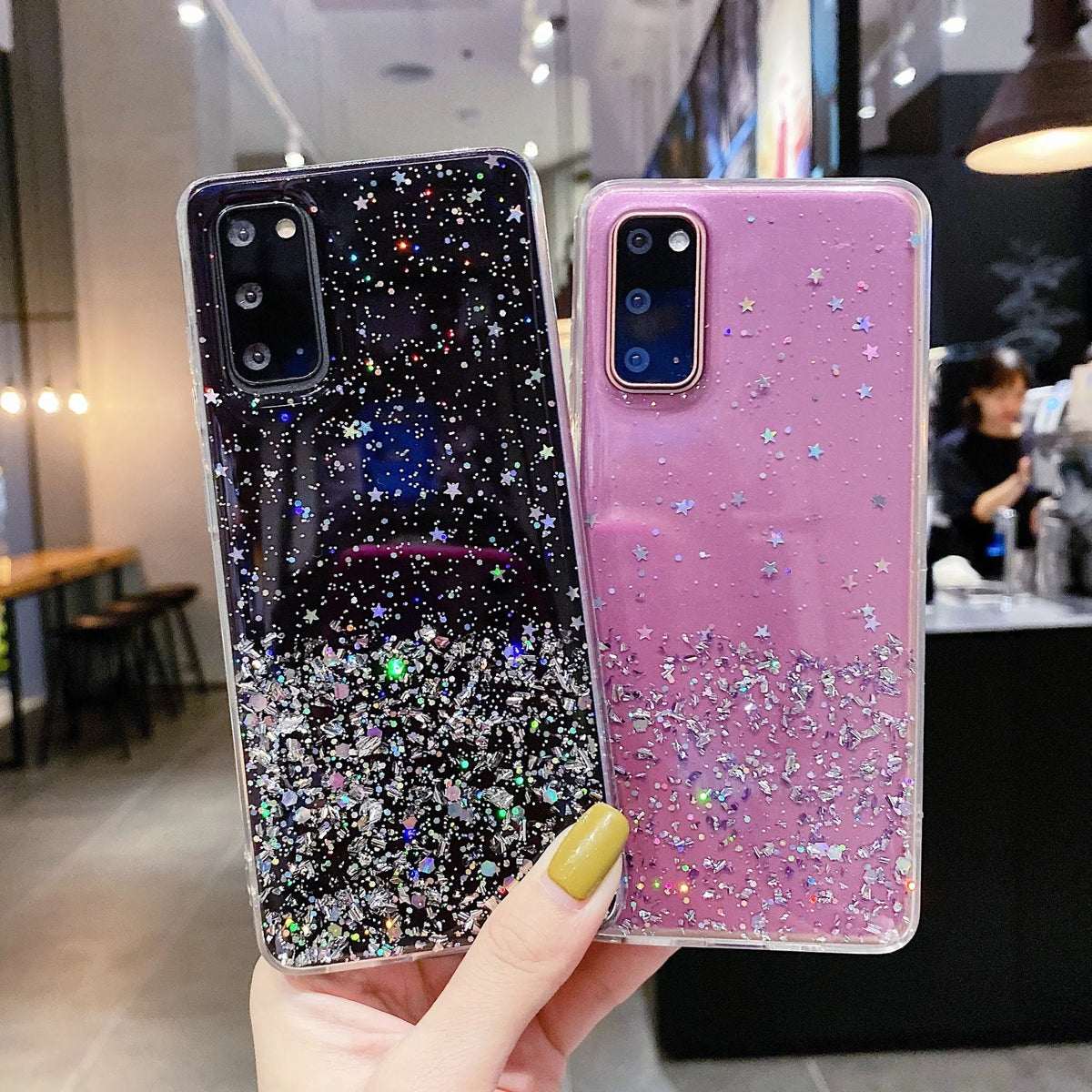 Starry sky silver foil epoxy TPU phone case for iPhone, available in five colours including black, green, pink, purple, transparent