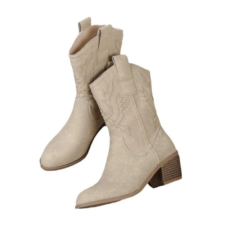 Women's suede mid-calf boots with V cut embroidered sleeve, chunky 3-5cm heel and pointed toe in Camel
