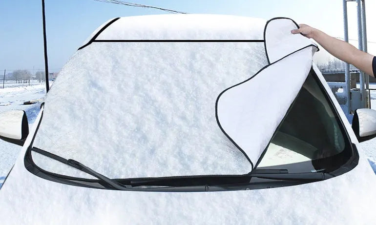 Car snow block front windshield cover in aluminized film, external anti-theft model, sizes 100x147C and 143X93.
