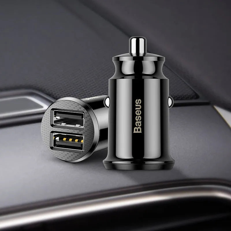 BASEUS mini dual USB car charger black front view with two USB ports and compact body