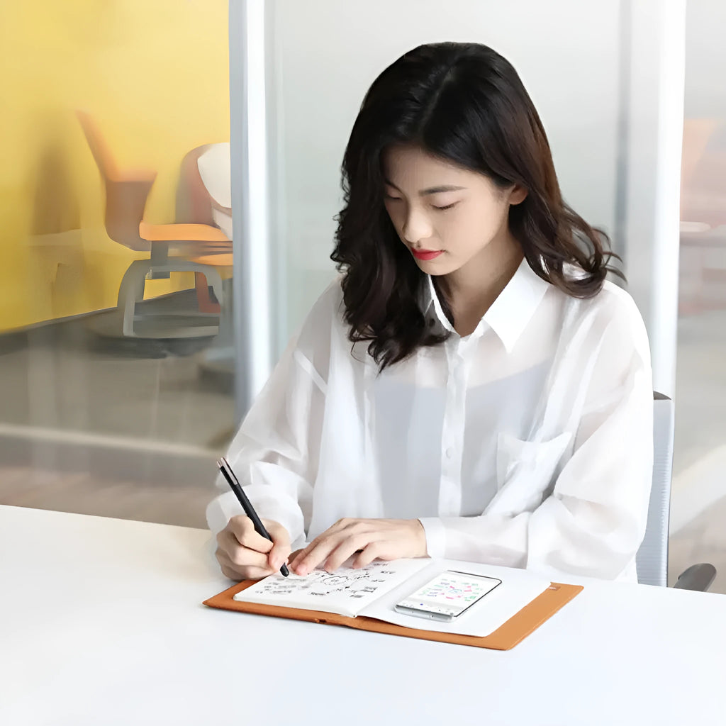 Huion Note X10 smart digital book business meeting notepad in Elk Brown with PW320 pen and USB-C cable