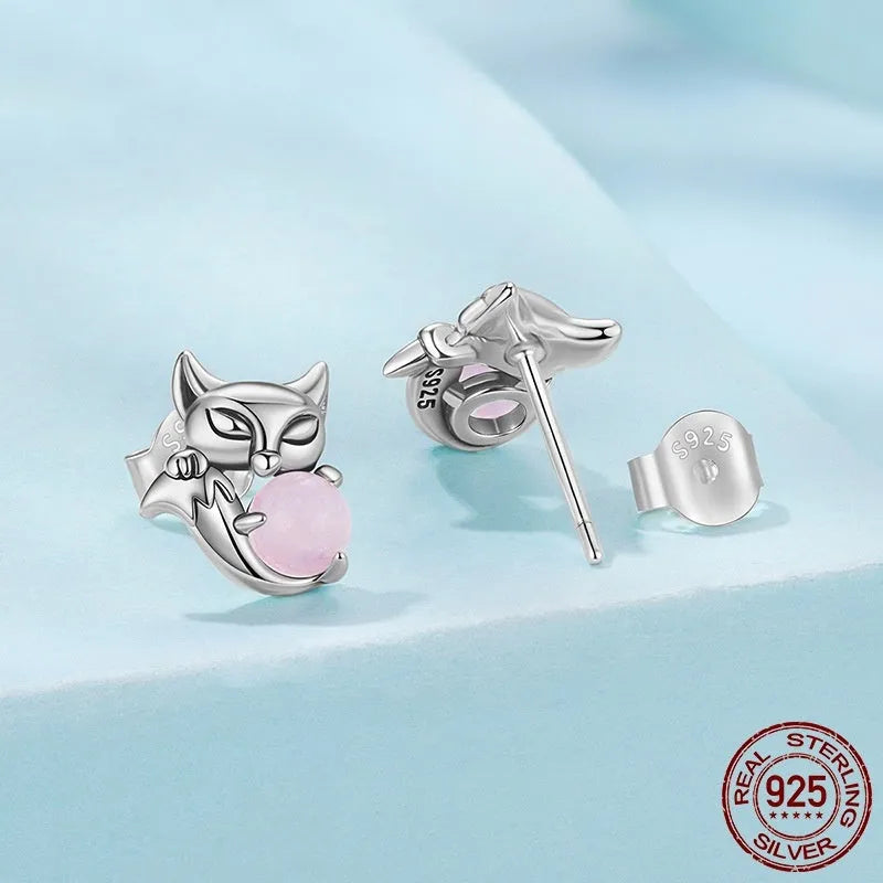 S925 sterling silver fox stud earrings with jade inlay, colour SCE1903, pair for women