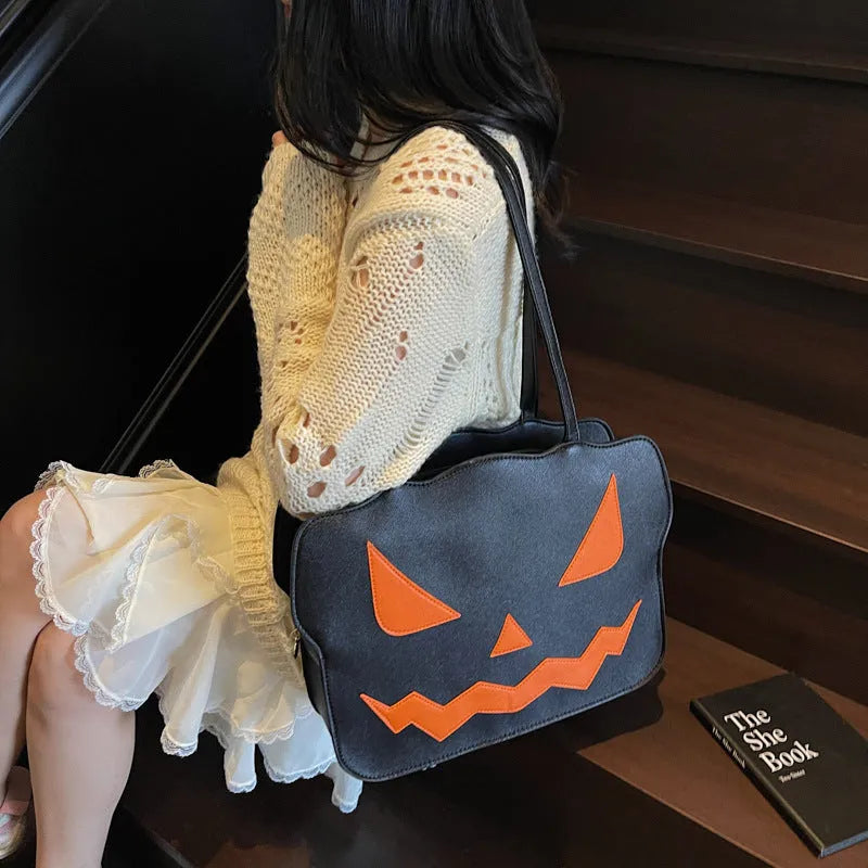Women's fashion Halloween pumpkin shoulder messenger bag in PU leather, black and orange options