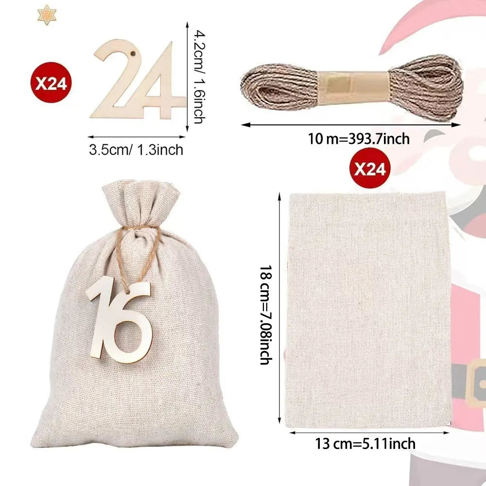 Christmas cotton and linen drawstring bags with digital tags 1-24, clips, hanging ropes, and hemp rope in 10x15cm and 13x18cm sizes