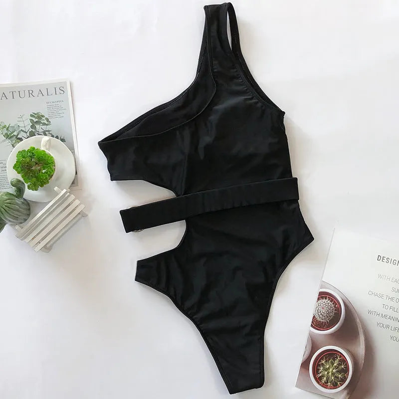Black one-shoulder one-piece swimsuit in nylon, sizes S M L, for beach and pool.