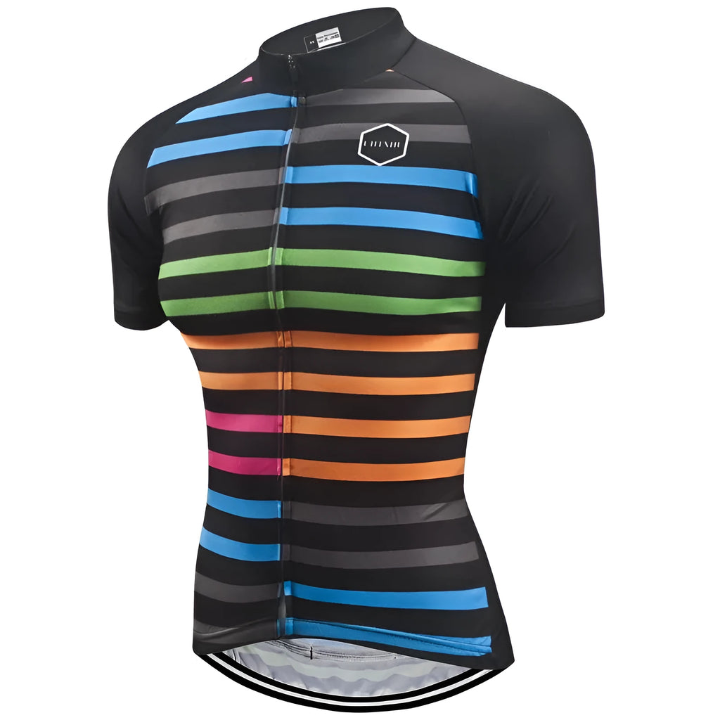 Short sleeve striped cycling jersey in lightweight polyester spandex with three back pockets