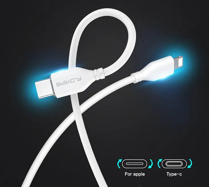 White USB-C to Lightning charging cable with braided exterior measuring 1.2 metres