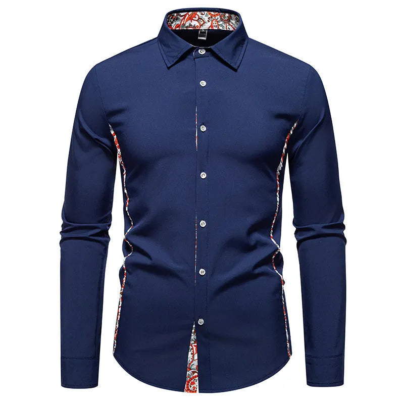 Men's slim fit polo collar shirt with paisley pattern and colour blocking in white, black, army green or navy blue