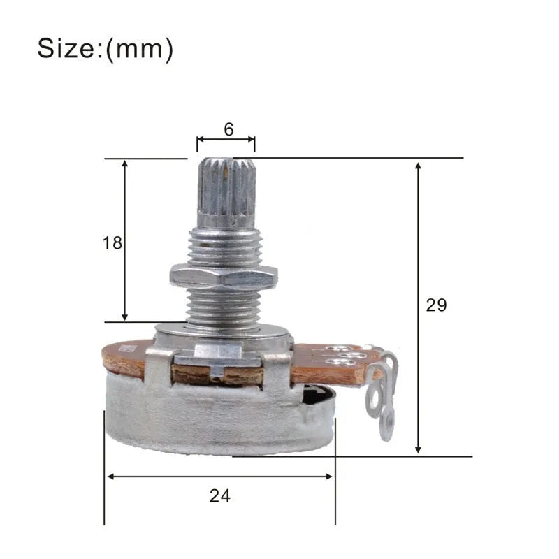 Solid metal electric guitar control knob for potentiometer, shown with A250K A500K B250K B500K value options.