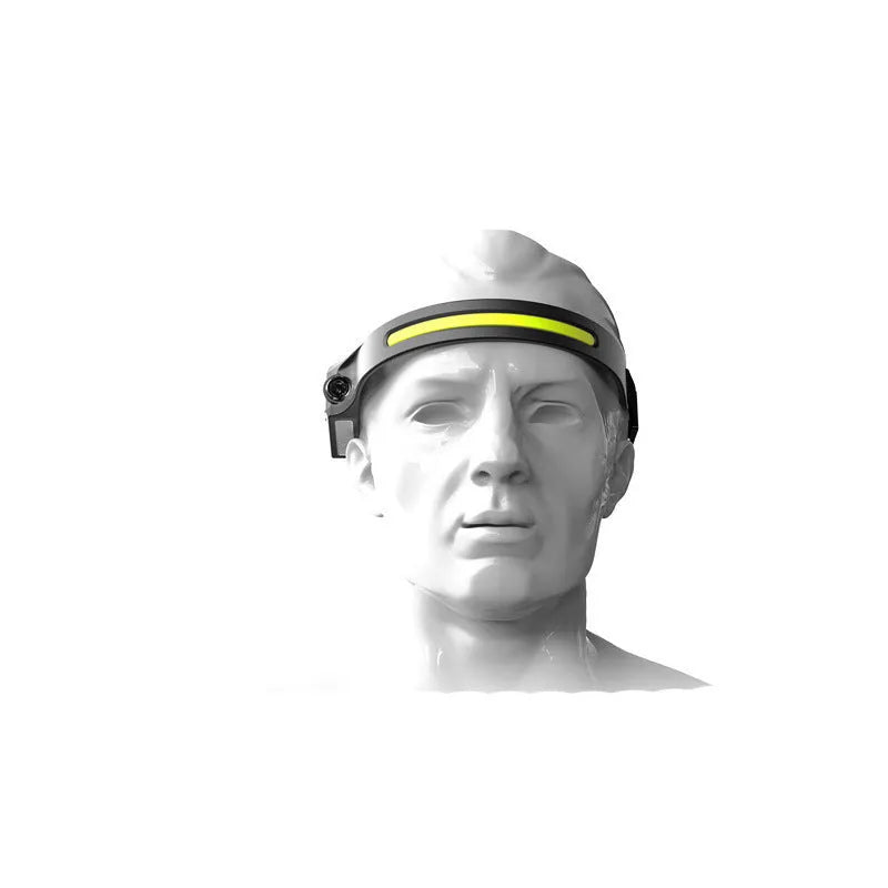 Black silicone USB rechargeable headlamp with wide LED beam and side wave sensor for outdoor use.