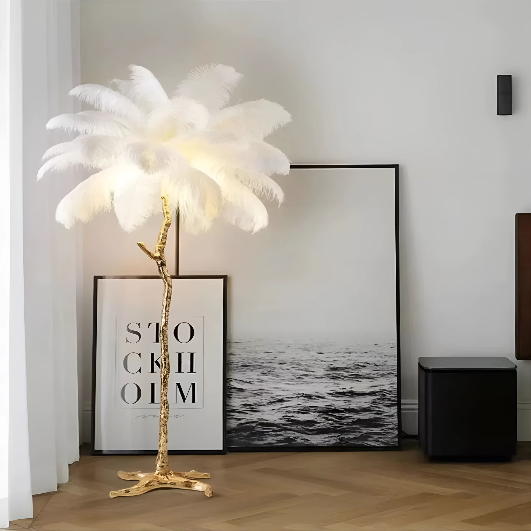 Decorative resin feather floor lamp with 32 feather elements in living room setting