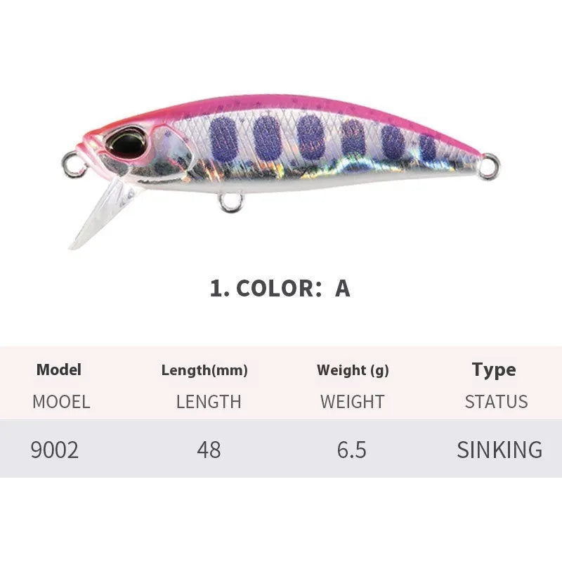 Japanese Submerged Mino hard fishing lure in multiple colours, showing 48mm length and detailed scale pattern for Mandarin Fish and Snakehead.