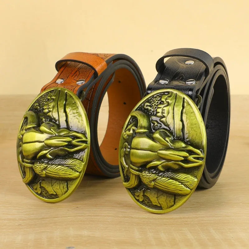 Men's brown imitation leather belt with detailed cow head alloy buckle showing carving and embossing details