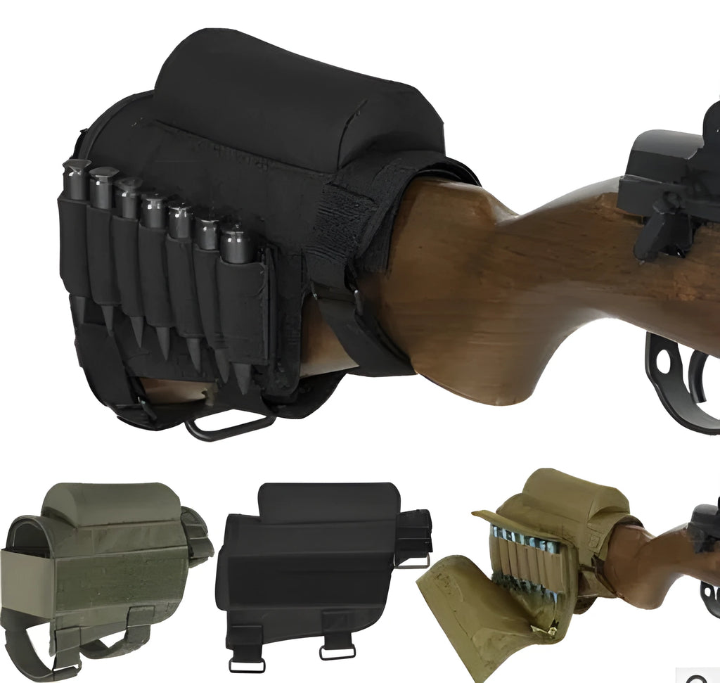Adjustable rifle buttstock cheek rest pad with ammo holder in 600D Oxford cloth, Army Green, Black, or Khaki
