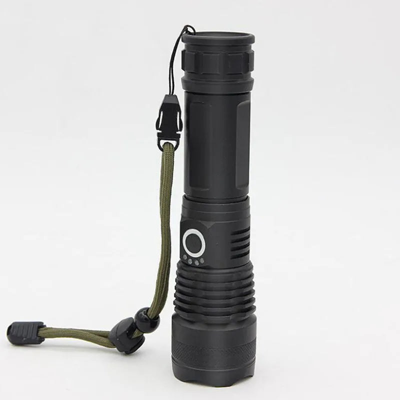 USB Charging Zoom P50 Flashlight with telescopic zoom, XHP70 LED, and aluminium shell