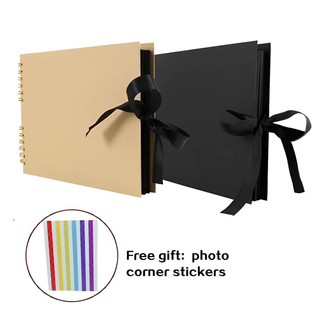 DIY handmade photo album with coil spiral binding showing black and yellow cover options