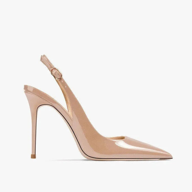 Women's nude ankle-strap high heels with hollow design and button fastening