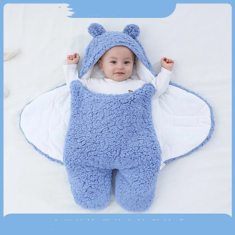 Baby swaddle sleeping bag in baby blue with thickened breast protector, velvet cotton filling, 75x60cm size