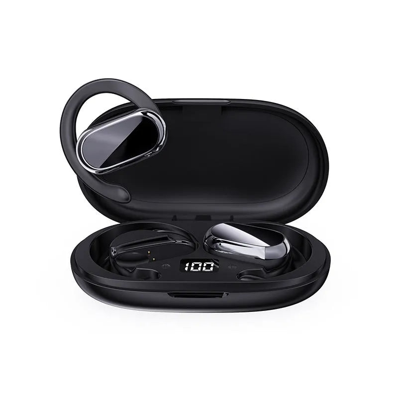 Dual ear-mounted noise reduction Bluetooth headset with digital display in black