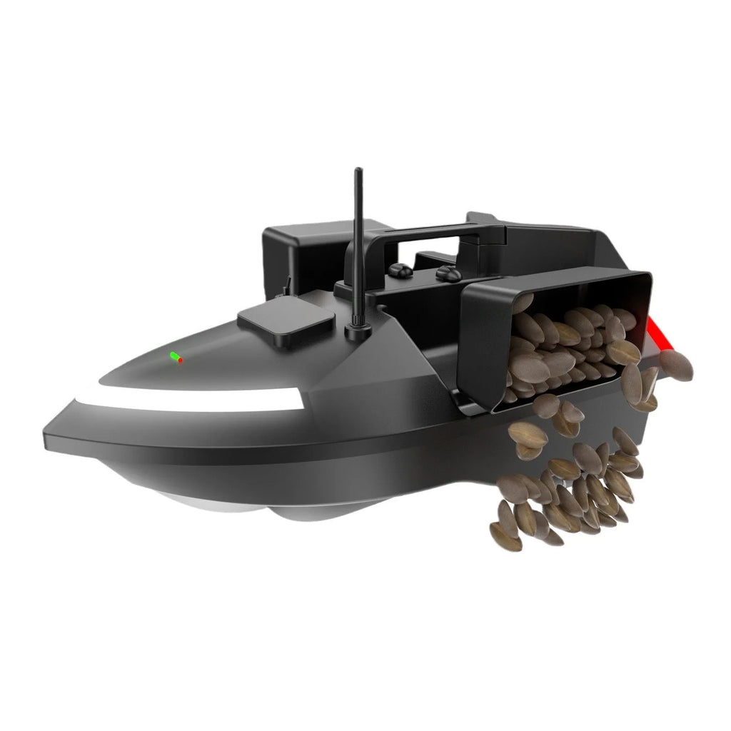Yellow remote control fishing boat with GPS antenna on a calm lake at dusk, LED lights illuminated.