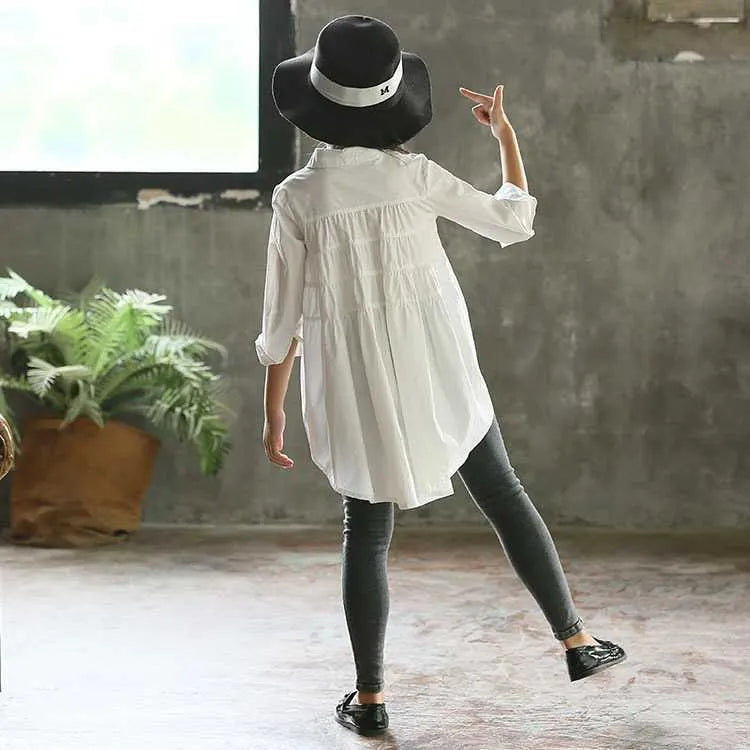 Girls' cotton Korean style top with swallowtail hem in white or yellow, sizes 110-165cm