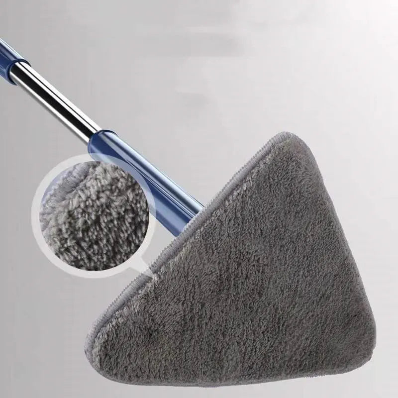 Extendable triangle mop with rotating blue head and adjustable stainless steel pole for corner cleaning