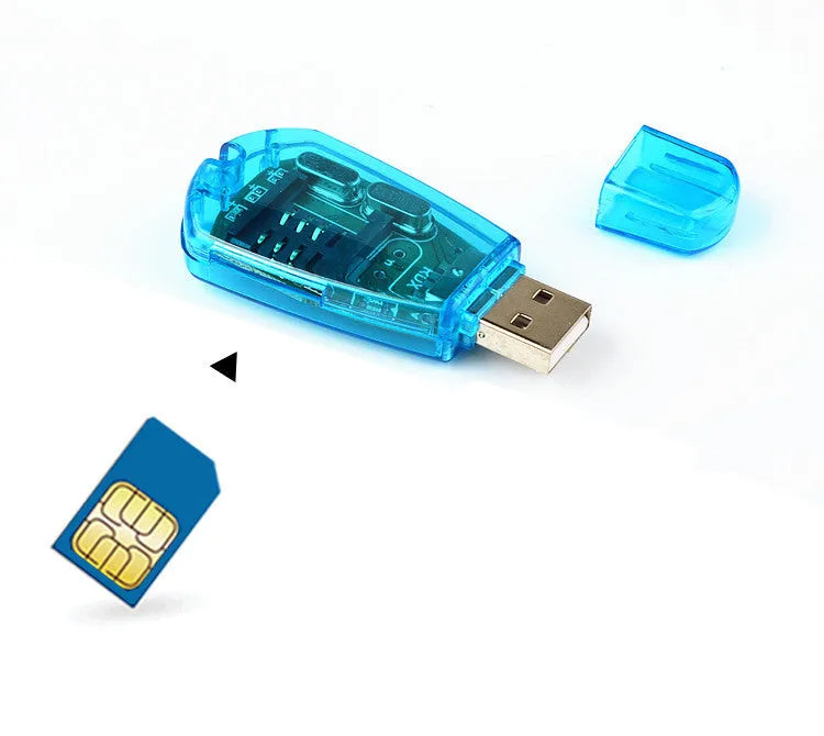 Blue USB 2.0 SIM card reader for mobile phone data transfer and backup