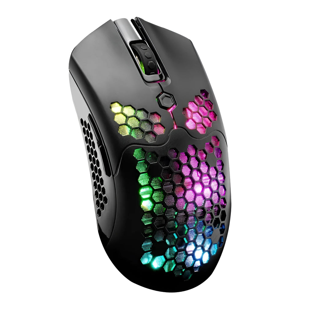 Free Wolf X2 wireless gaming mouse in black on a mouse mat, showing right-handed contour and RGB lighting.