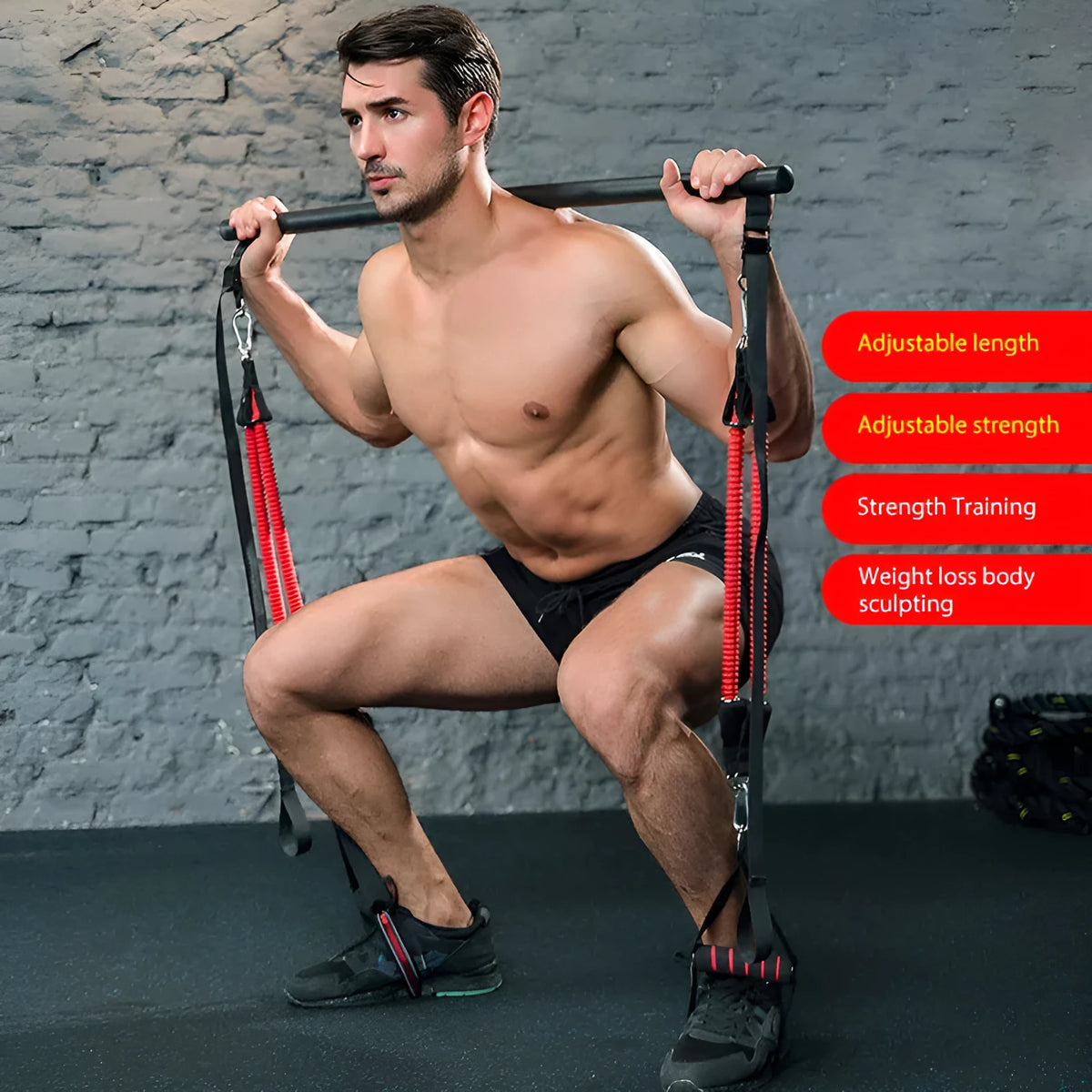 Body workout trainer bar with 100cm pole and resistance bands with rubber buckles for strength training