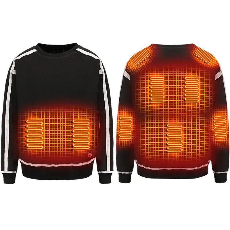 USB electric heated jacket top in black or gray, polyester fibre, Asian sizes M to XXXXL, shown as a neutral heated clothing item.