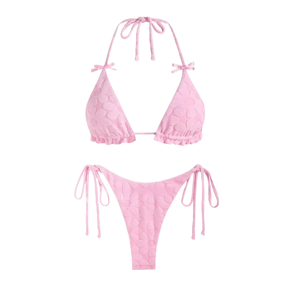 Light blue women's backless bikini set with wind strap design on a mannequin.