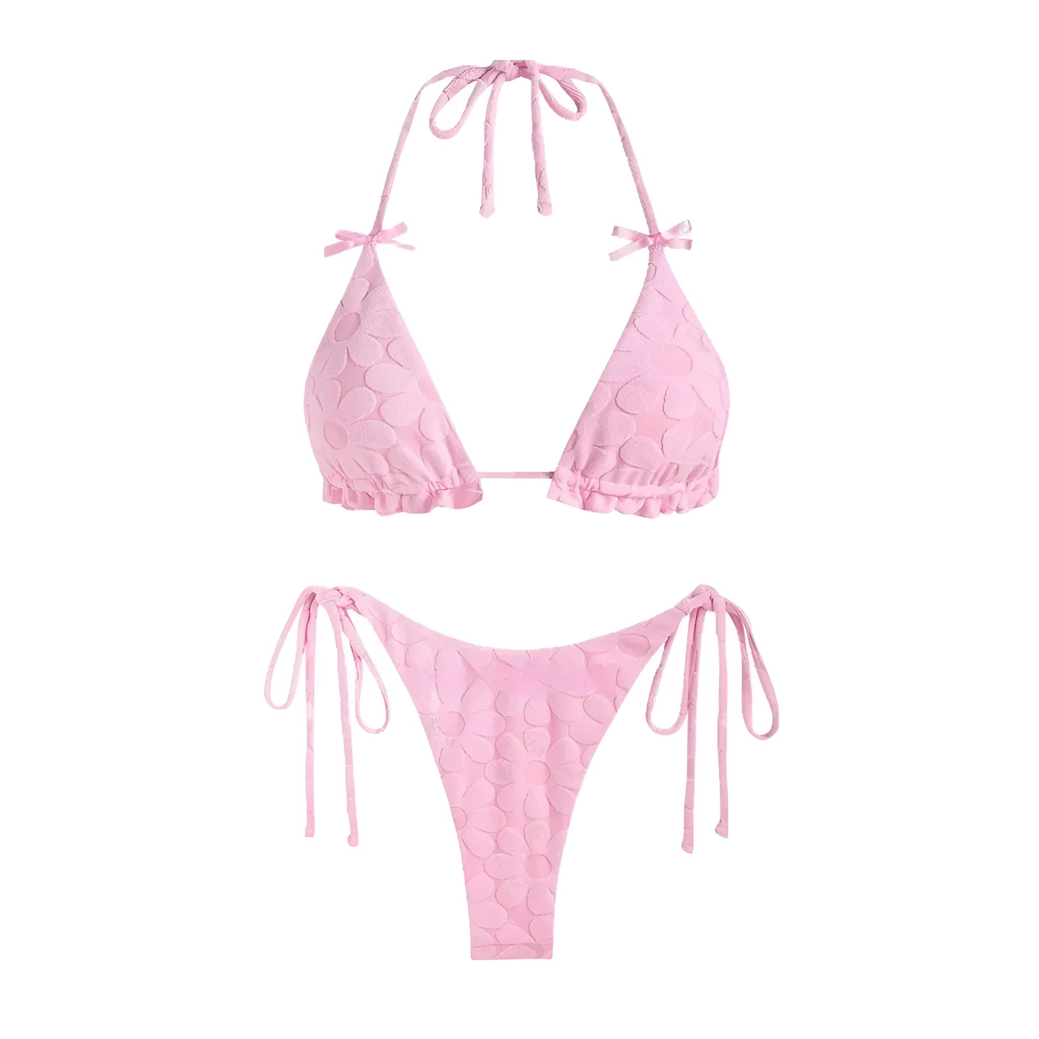 Light blue women's backless bikini set with wind strap design on a mannequin.