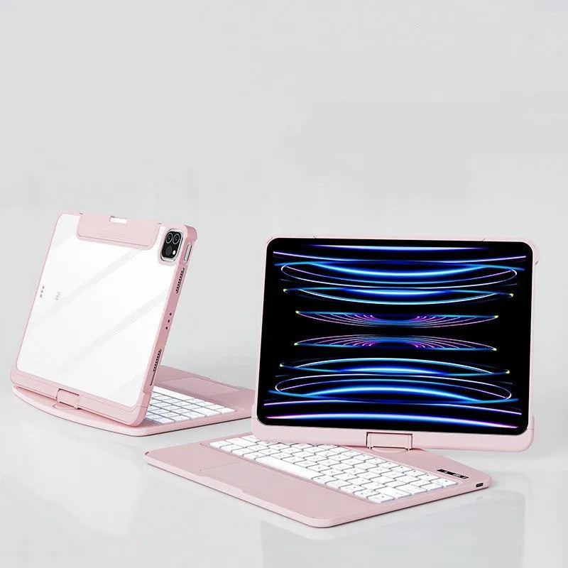 Transparent Bluetooth keyboard protective case for iPad Pro and iPad Air tablets.