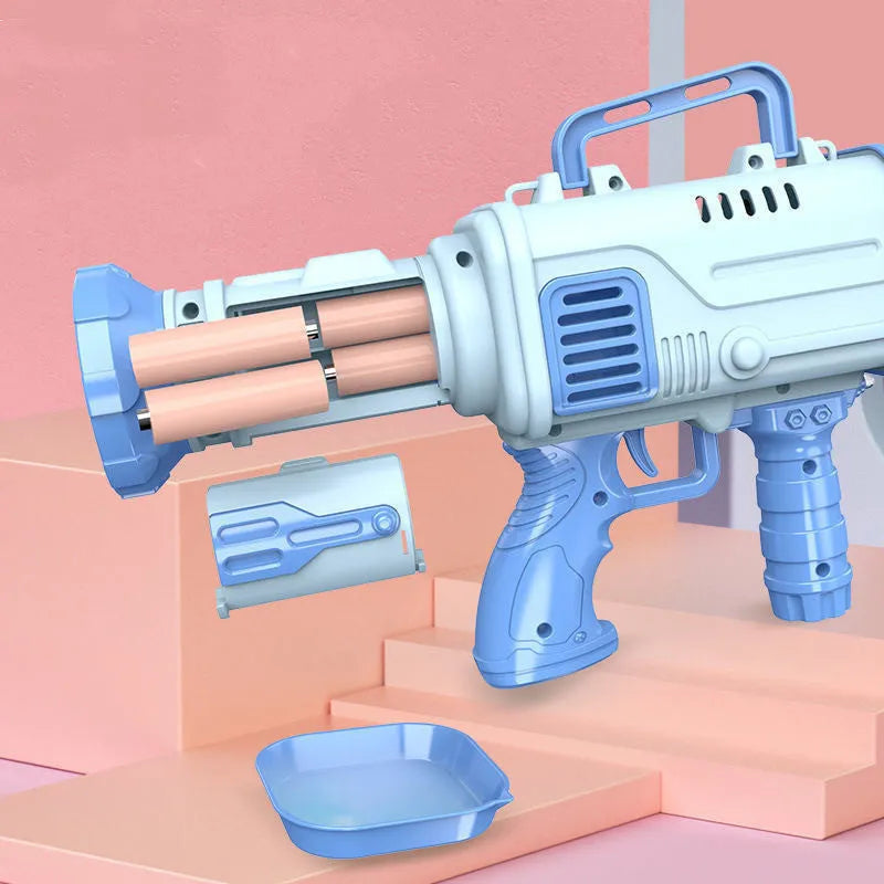 Children's electric bubble gatling gun toy with 32-hole barrel and LED lights in cherry pink colour.