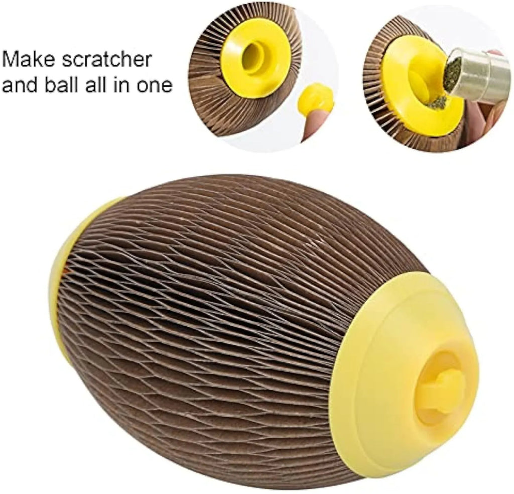 Ellipse shaped corrugated paper catnip ball scratch toy measuring 65mm by 108mm