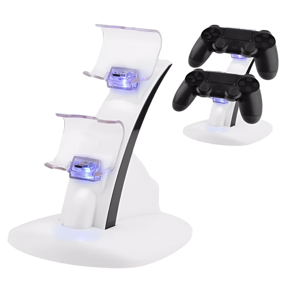 White dual PS4 controller charger with blue light-up docks and cat ear design, USB connection for two controllers